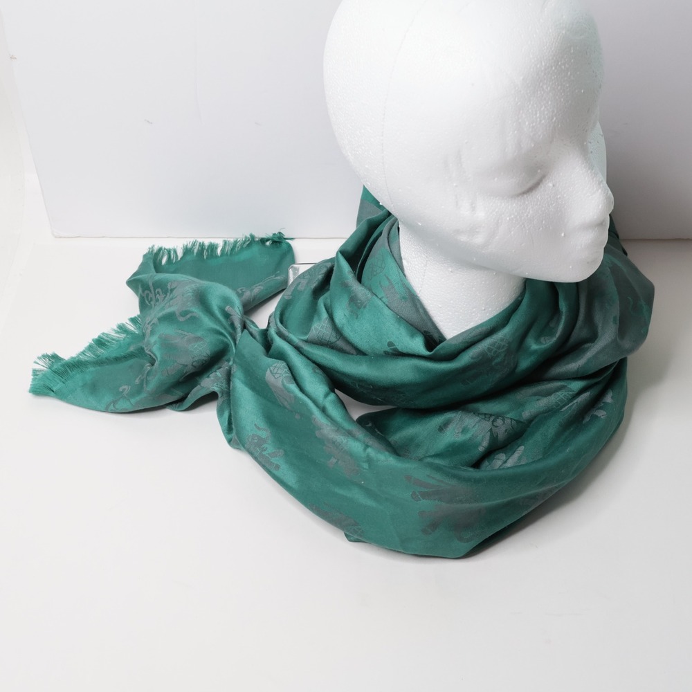 100% Silk Elephant Print Scarf Teal Green Fringed Long Wrap Shawl 70x27